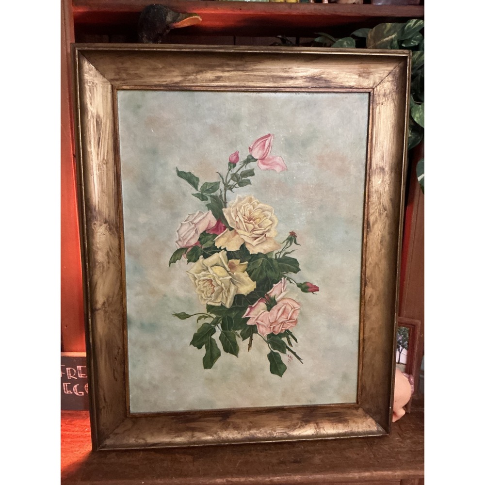 Vintage 1951 Signed Floral Oil Painting Pink Yellow Roses Gold Wood Frame 24x18